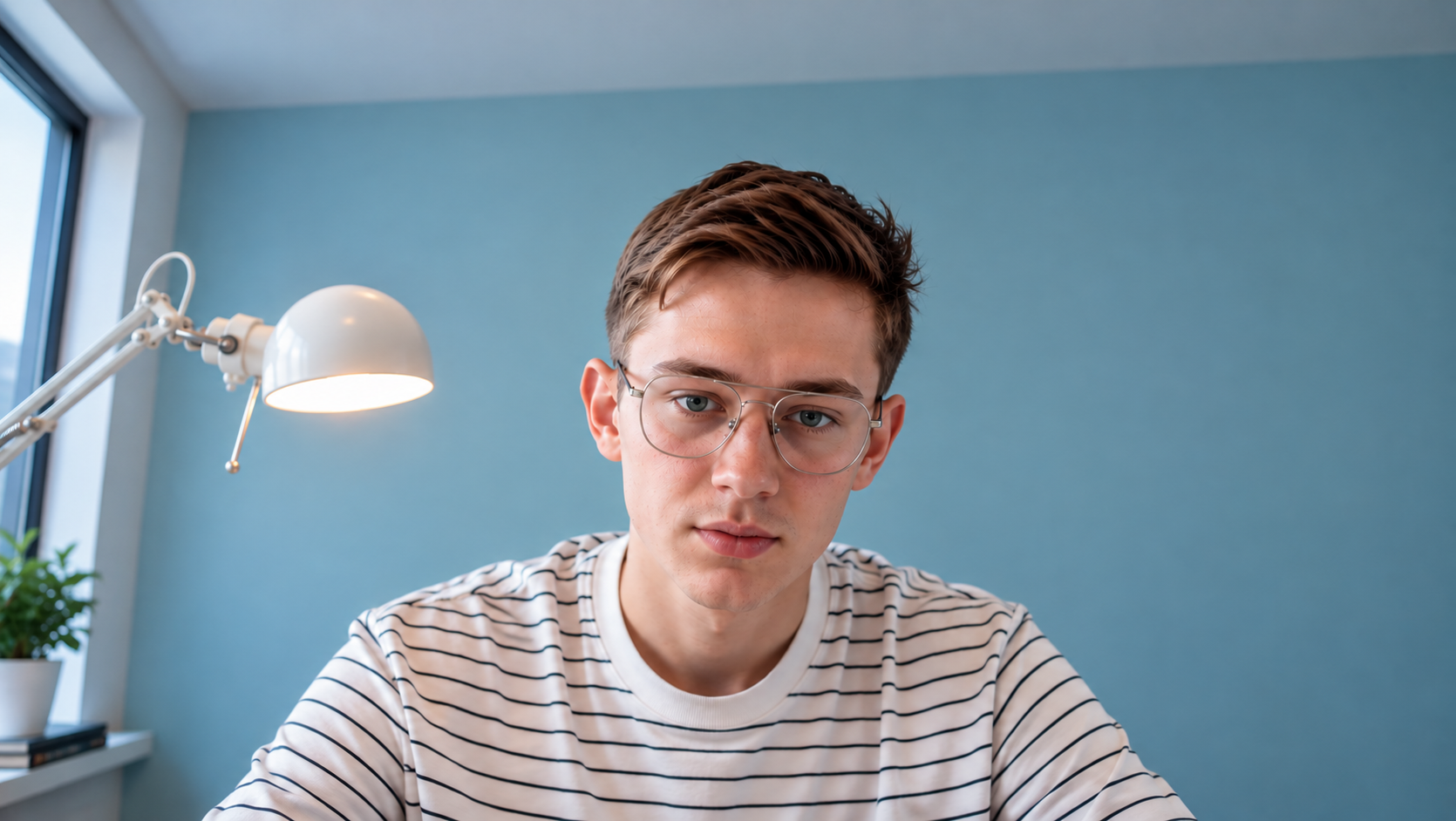 Front-facing laptop webcam view of a male exam candidate