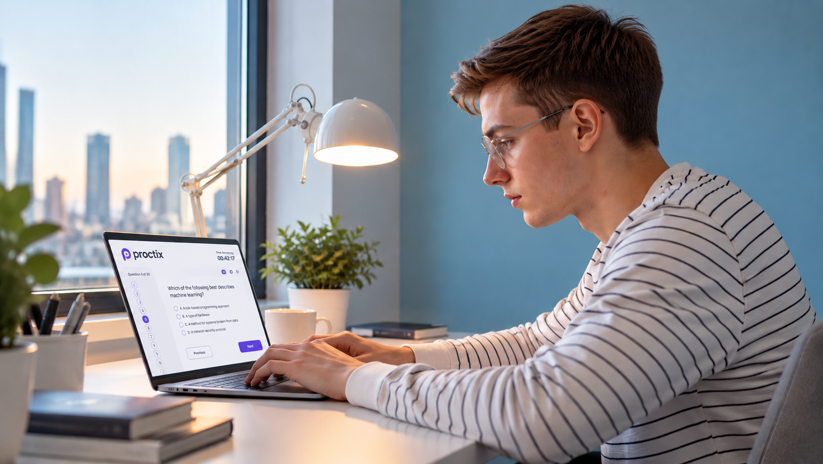 Side view of the same male candidate with his laptop exam screen and desk